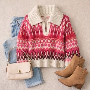 Ramy Brook V-Neck Oversized Cozy Chunky Knit Fair Isle Sweater Pink Red Sz M / L